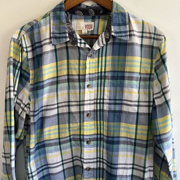 1901 Blue Green Yellow Plaid Button Down Collared Shirt Nordstroms Men's Medium - Picture 8 of 16